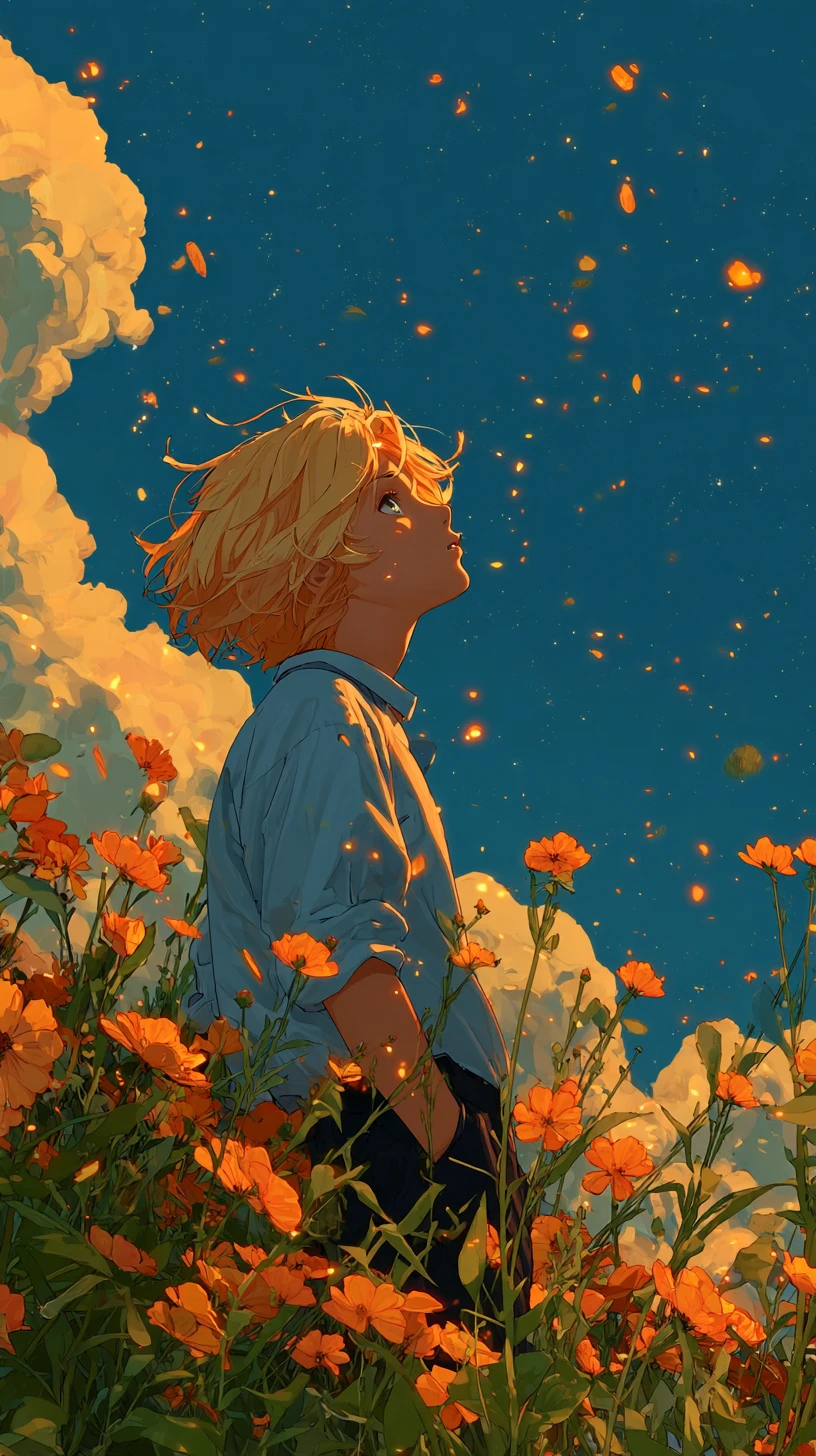 Herói de anime em campo de flores silvestres sob luz solar radiante