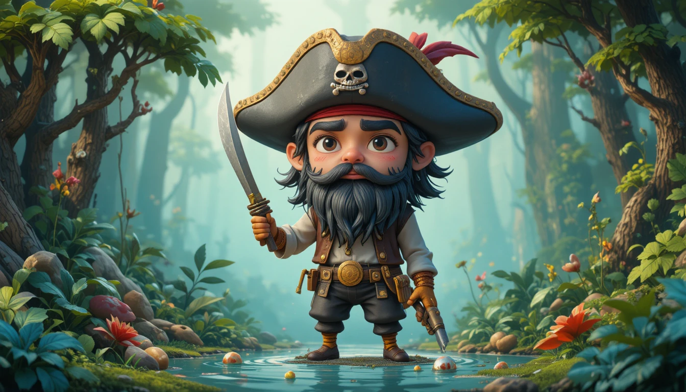 Illustration aquarelle chaleureuse d’un minuscule pirate de la forêt