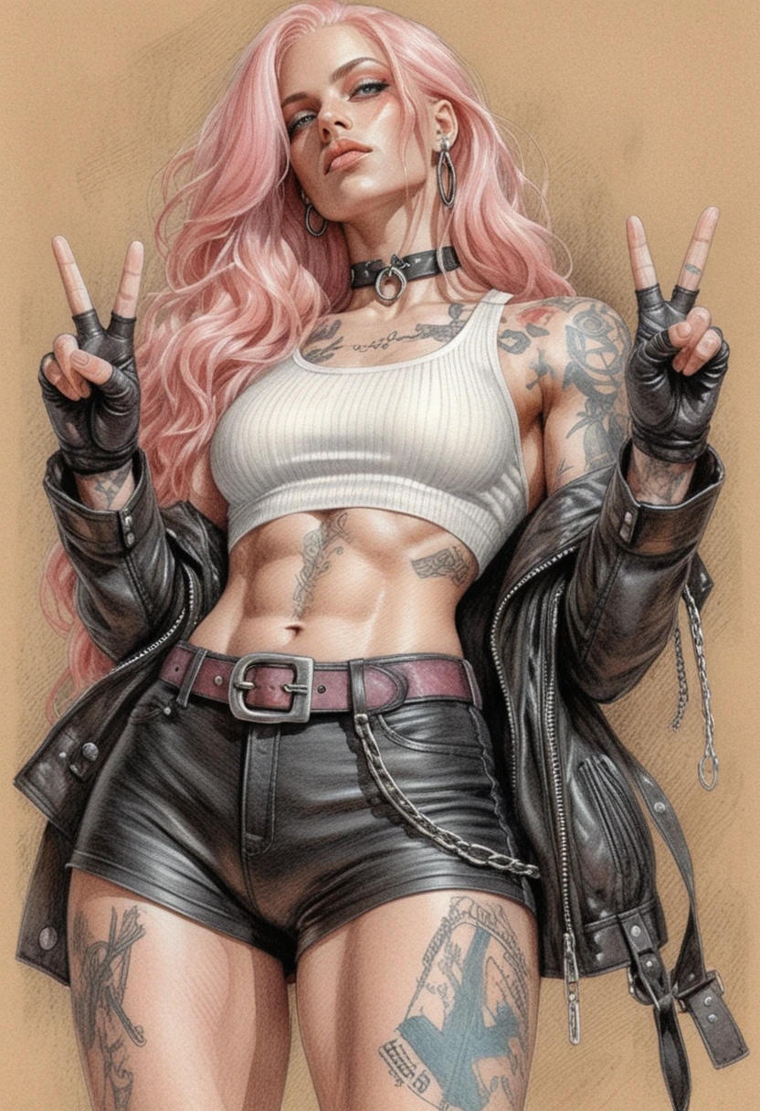 Athletic pink haired woman giving double peace signs in leather