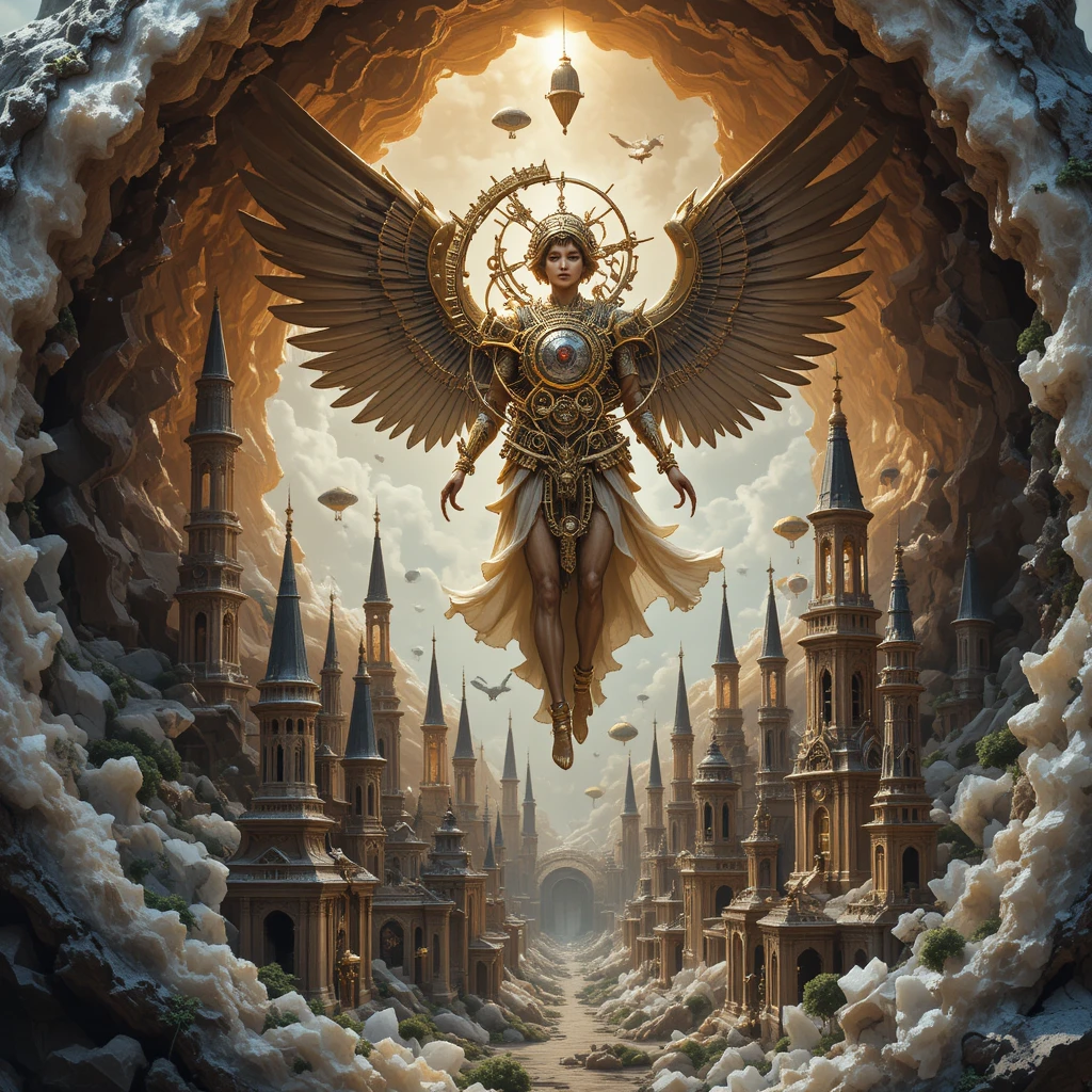 Anjo mecânico sobre uma minúscula cidade steampunk em uma geoda