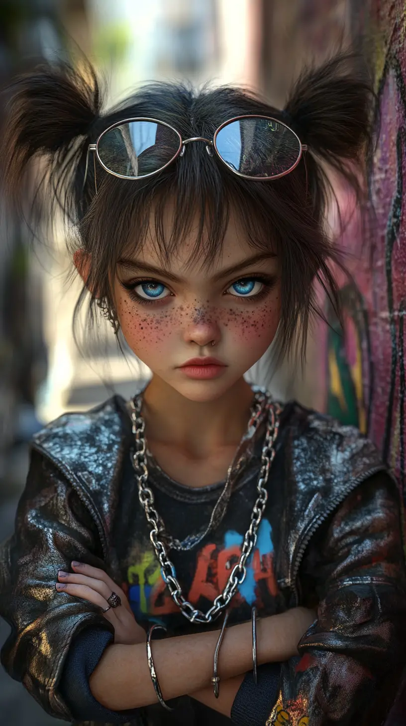 Confident blue eyed girl in cyberpunk graffiti alley