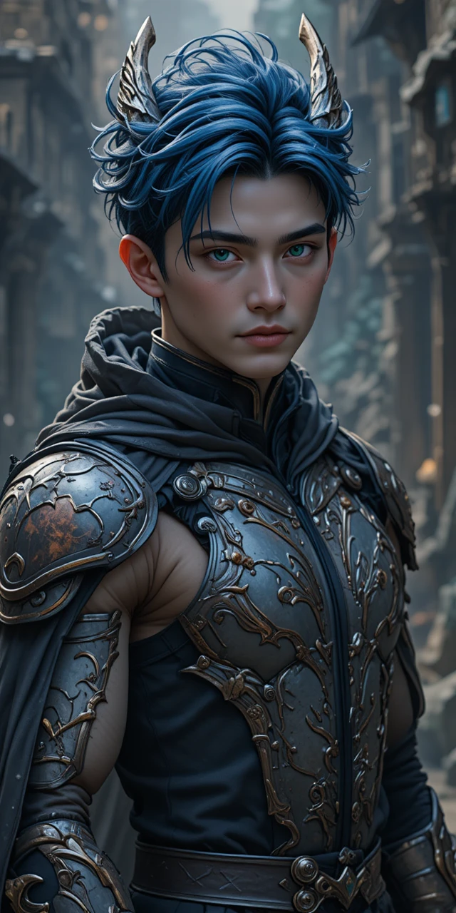 Jeune guerrier draconique en sombre armure de fantasy anime