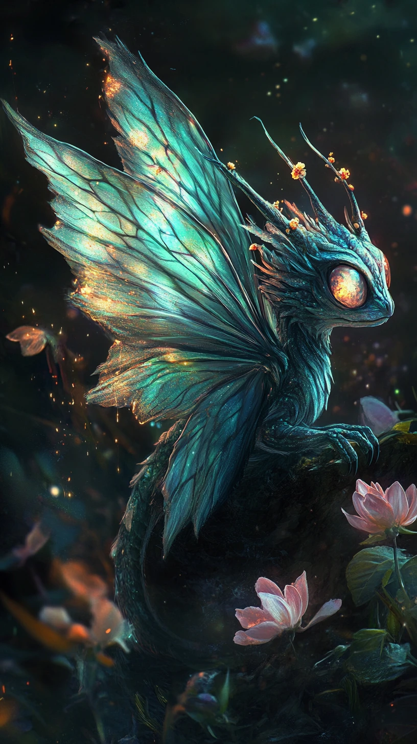 Pequeno dragão com asas de mariposa em floresta noturna brilhante