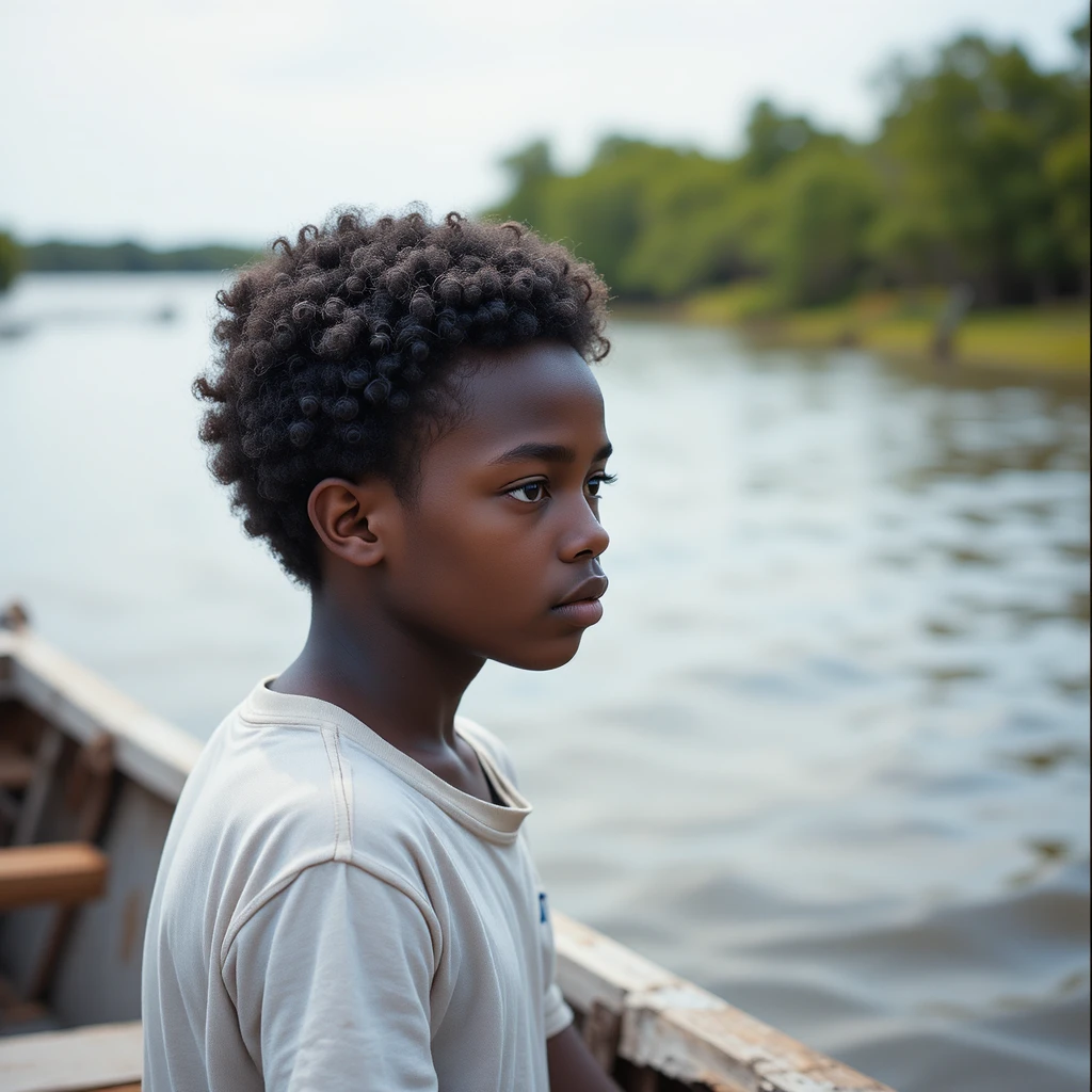 Menino em um barco em uma baía tranquila