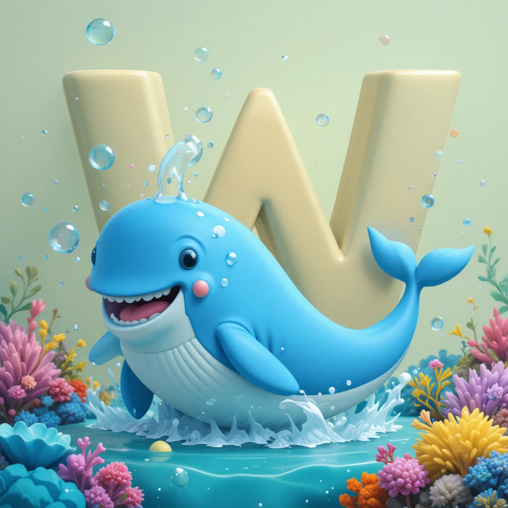 Baleia-azul sorridente com letra W gigante em cena oceânica