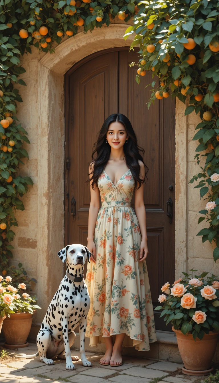 Jovem mulher de vestido floral em porta rústica mediterrânea