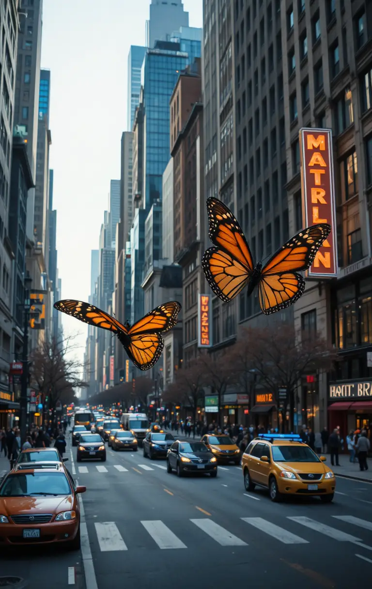Due farfalle monarca sopra una trafficata strada di Manhattan