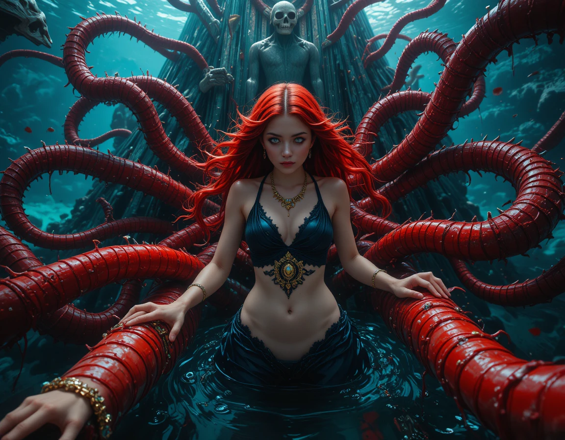 Red haired woman with octopus tentacles and skulls