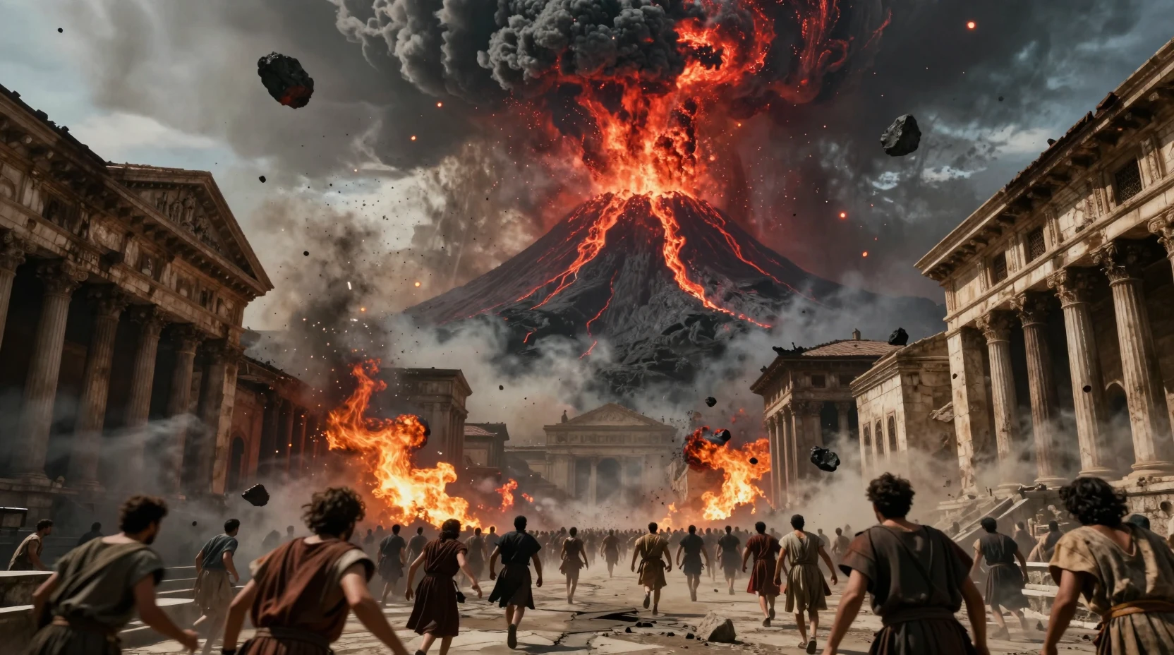 Volcán apocalíptico destruyendo una ciudad de estilo romano antiguo