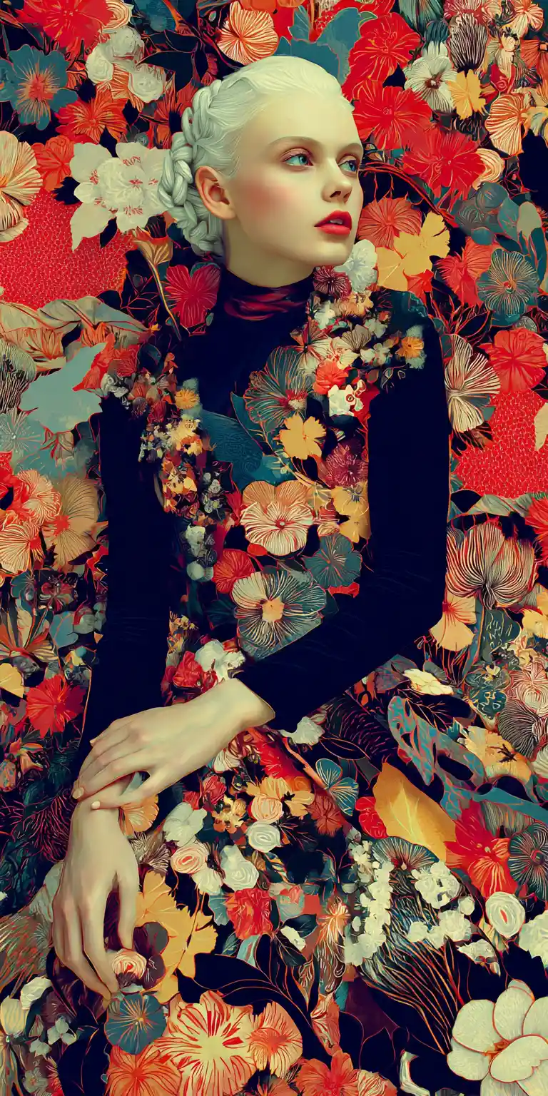 Mujer albina con vestido negro floral en pose de moda surrealista