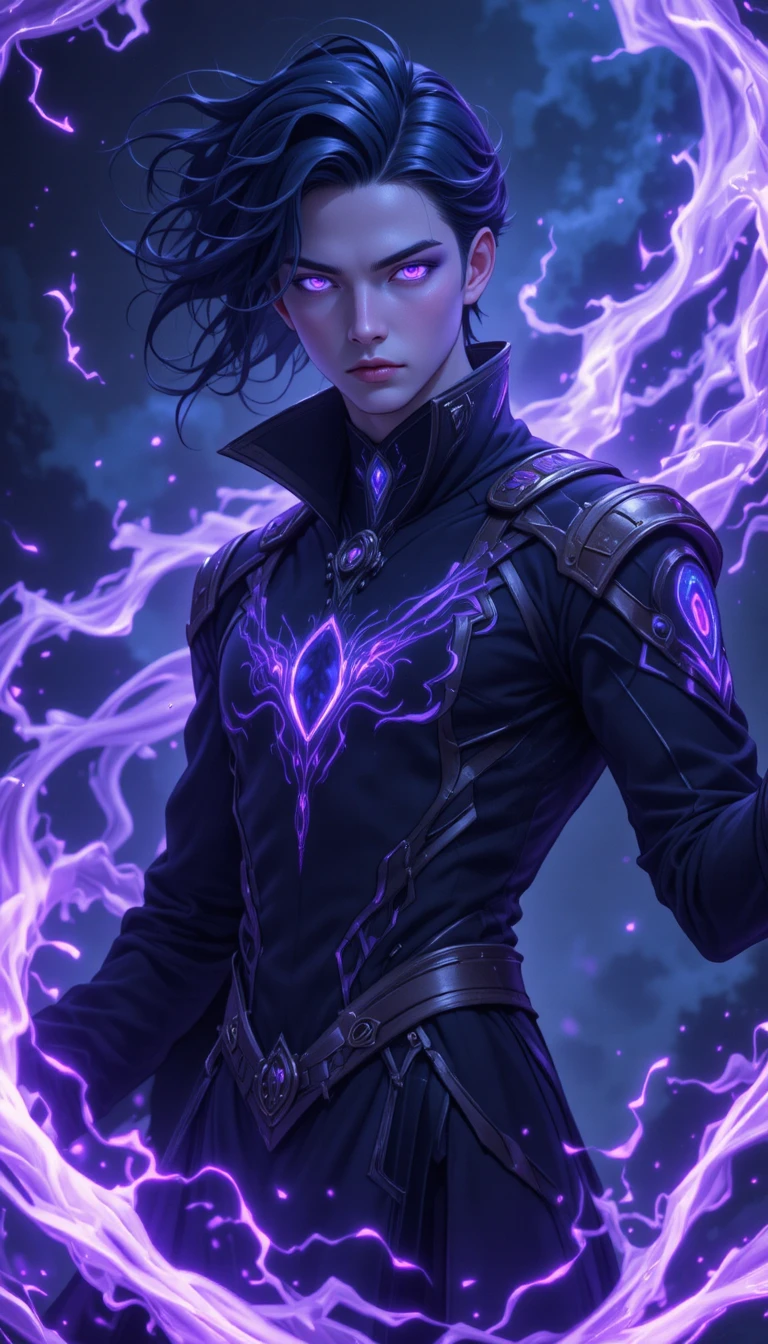 Hombre de fantasía estilo anime con portales de energía violeta brillantes