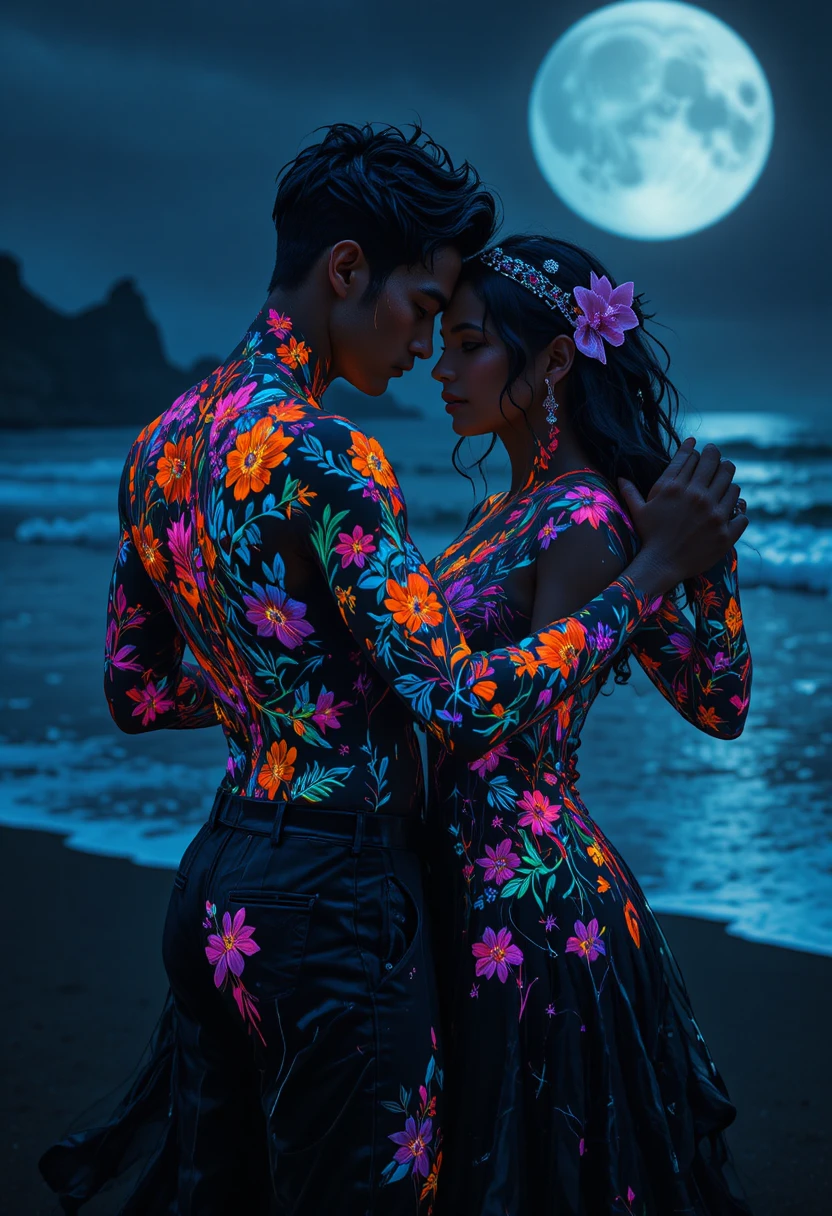 Casal latino dançando tango em uma praia escura do oceano