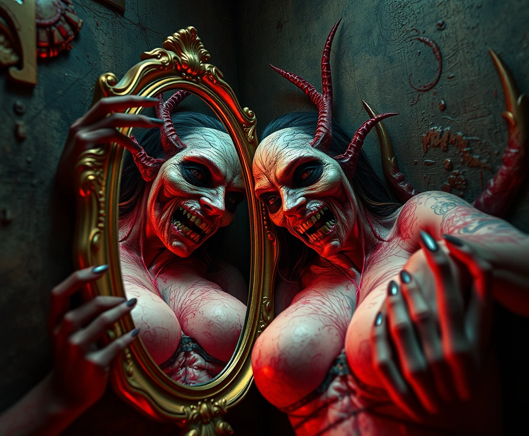 Figura de exorcismo espelhada surreal em estilo terror cômico
