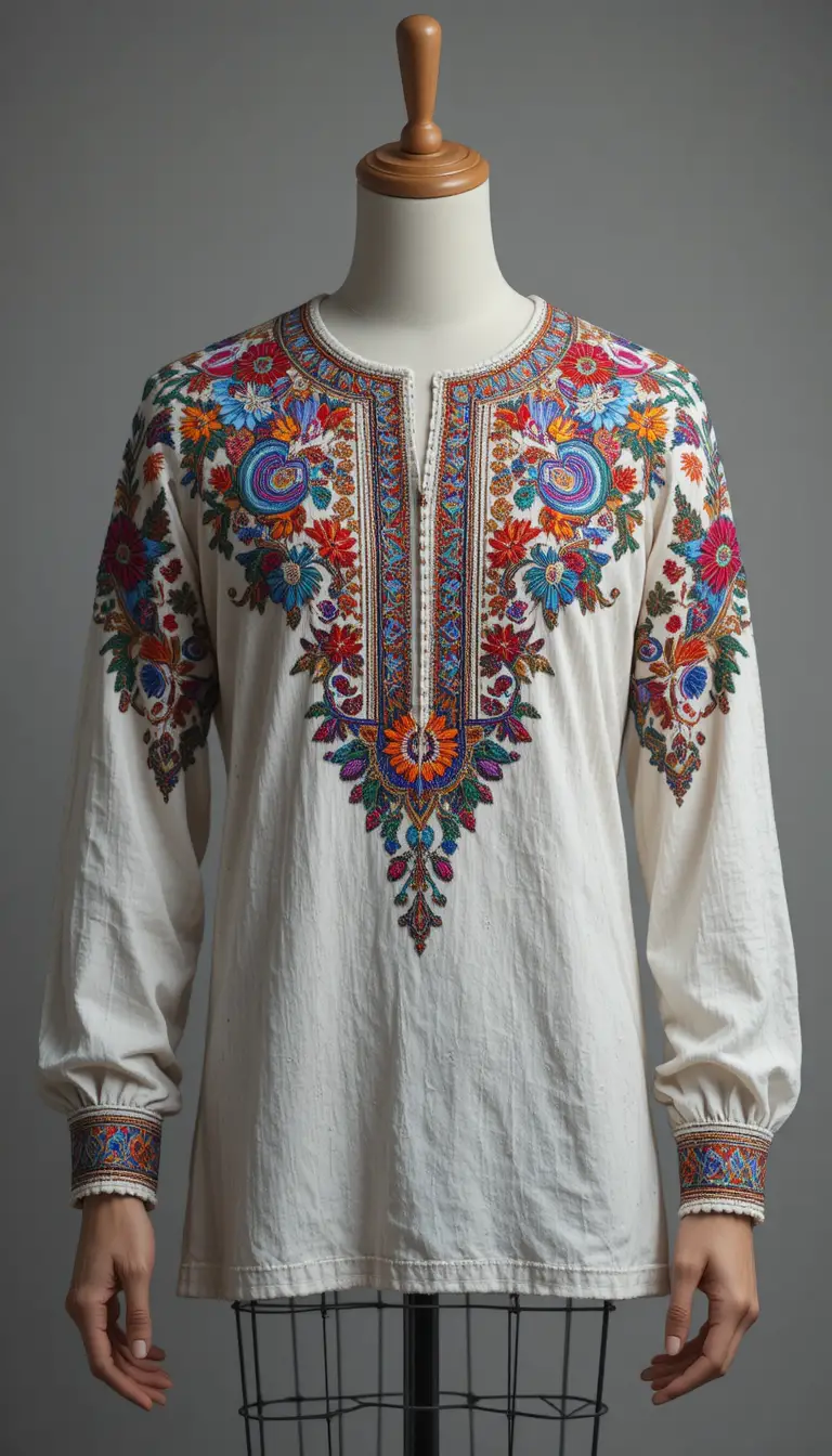 Camicia ispirata al Gzhel russo con audace motivo tricolore