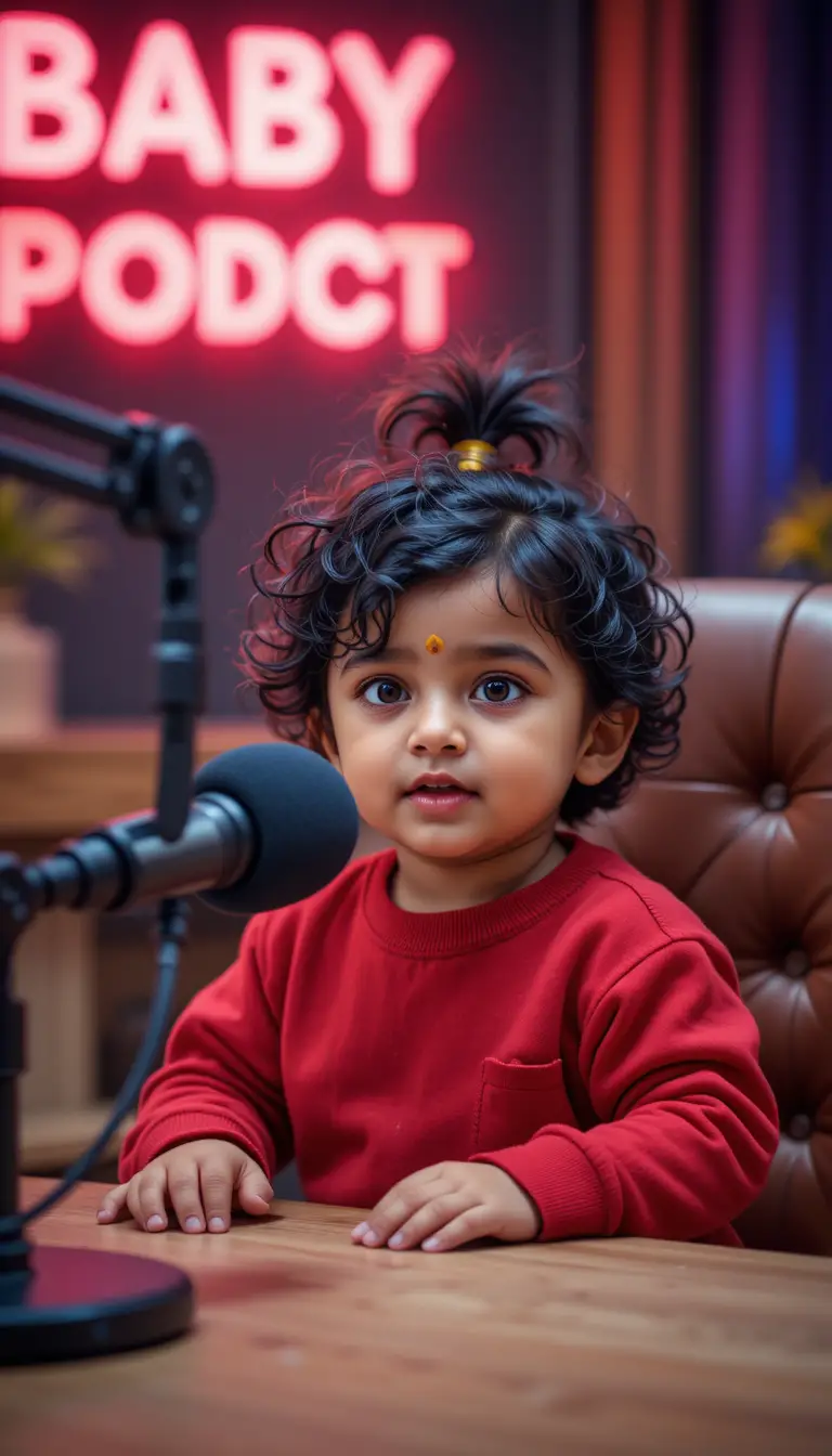 Süßes indisches Baby bei einer gemütlichen Podcast-Aufnahme