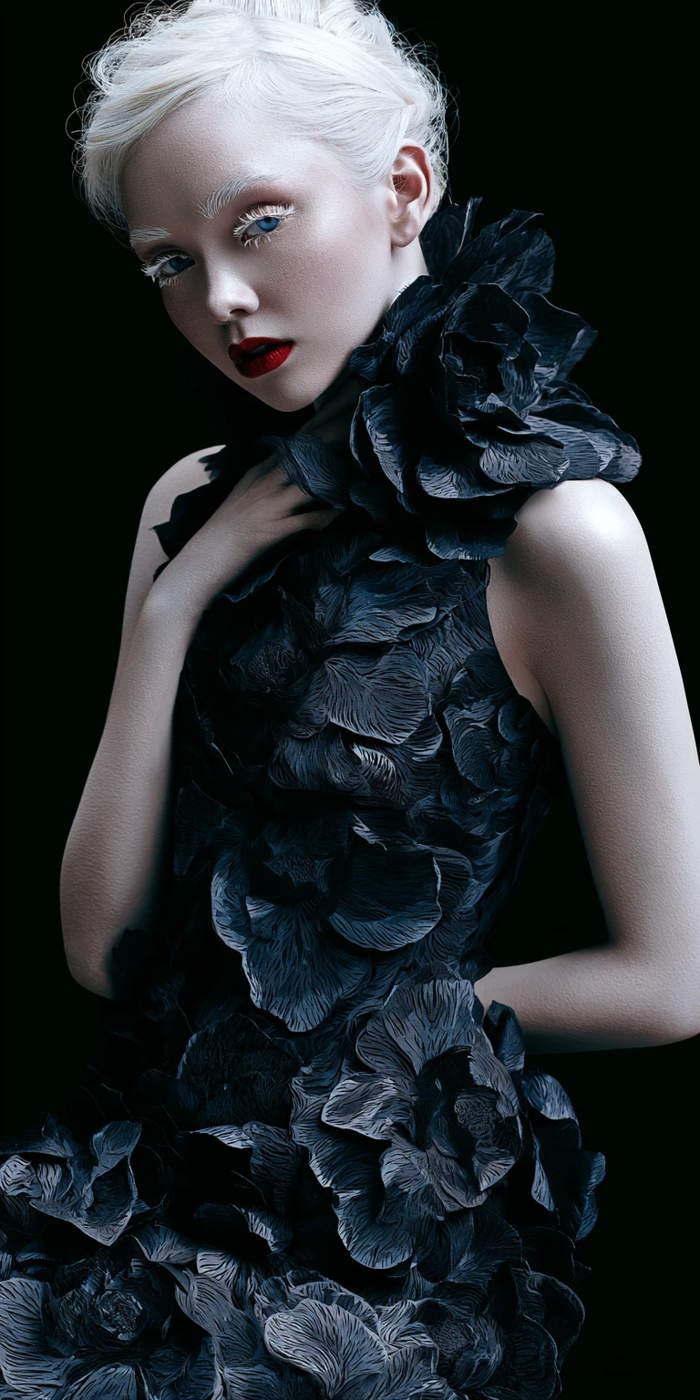 Albino-Frau im schwarzen Blumenkleid in surrealem Fashion-Porträt
