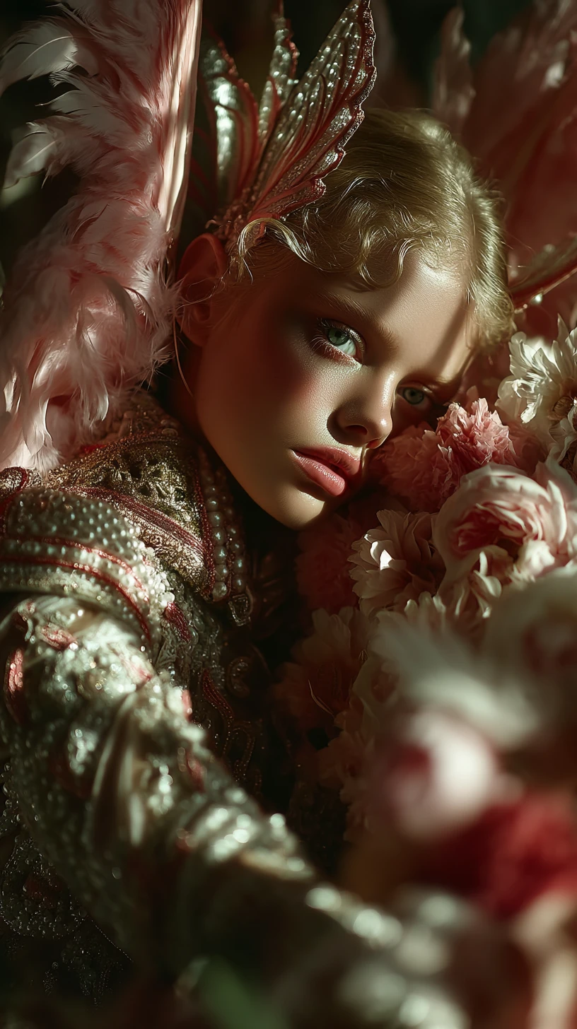 Donna fata couture surreale con ali delicate nella luce