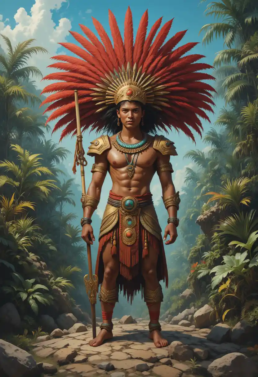 Guerrière mésoaméricaine avec coiffe de plumes dans la jungle