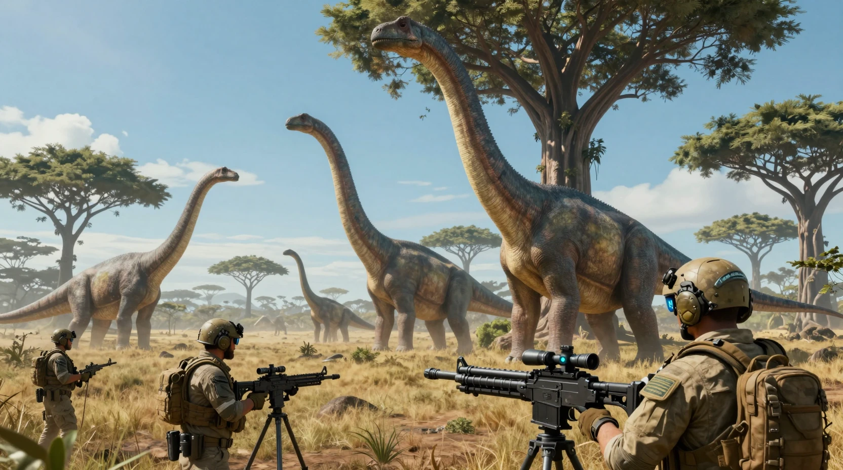 Titanossauros dominando um campo de batalha na savana pré-histórica