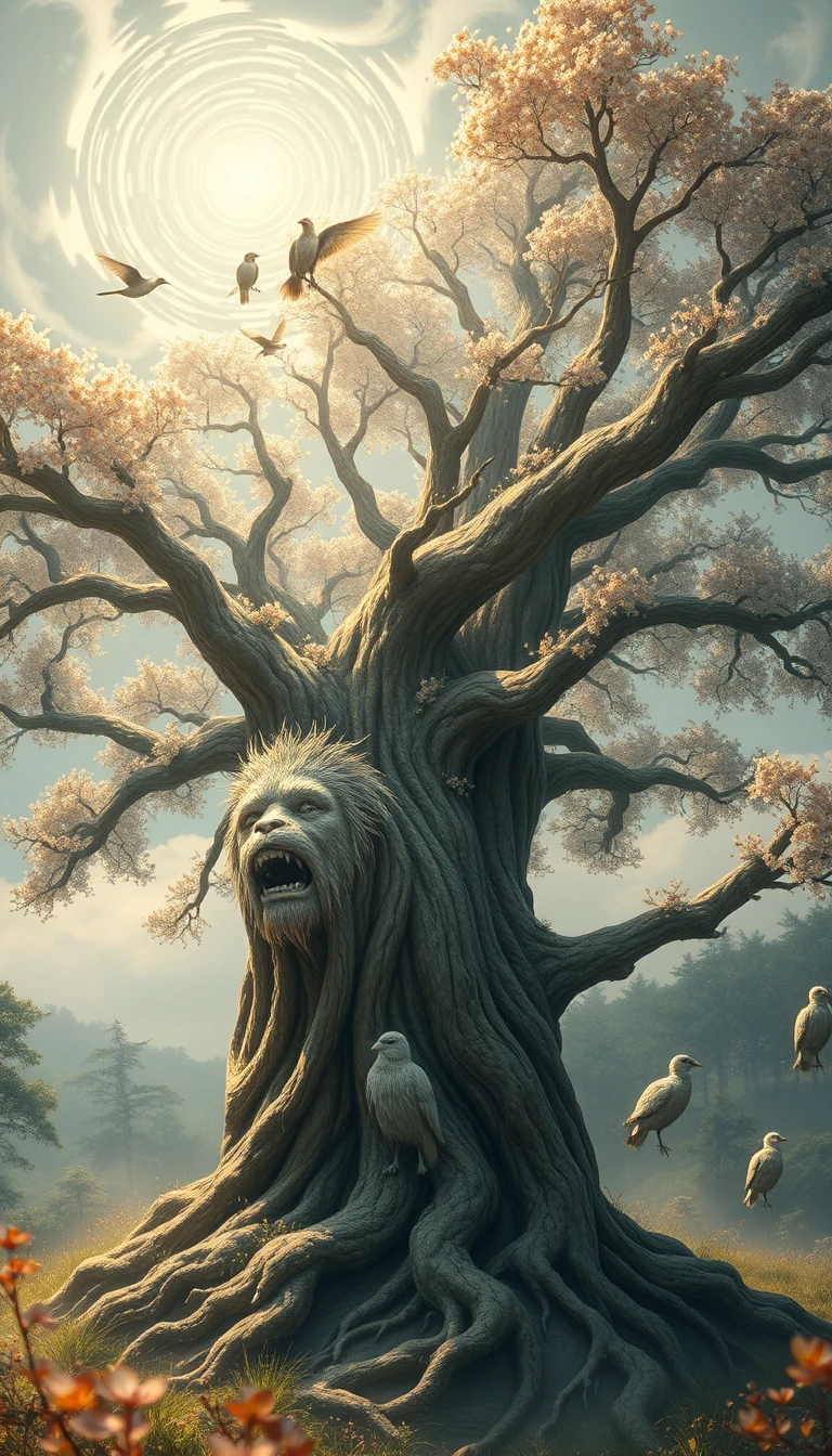 Uralter skulptierter Baum, der in einen nebelgefüllten Fantasiehimmel ragt