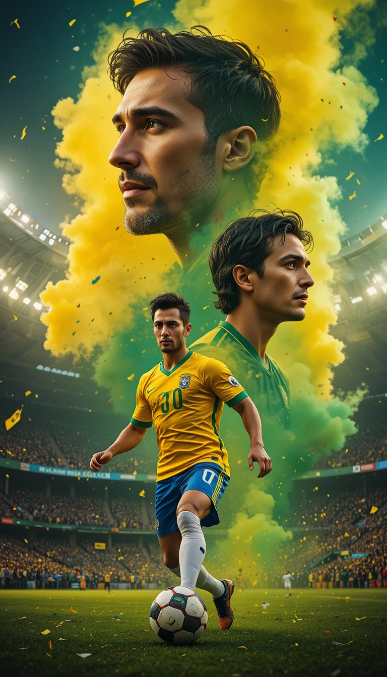 Star du football brésilien dribblant sur la pelouse du stade