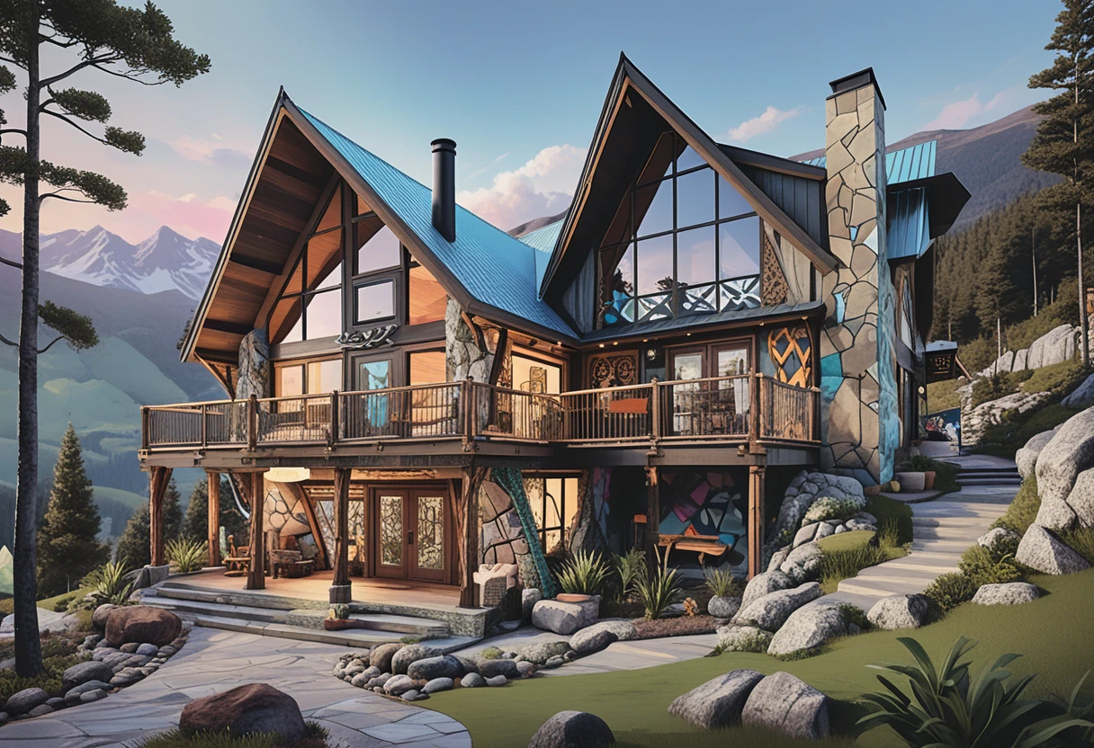 等角夜景に描かれた高級ラスティック山小屋