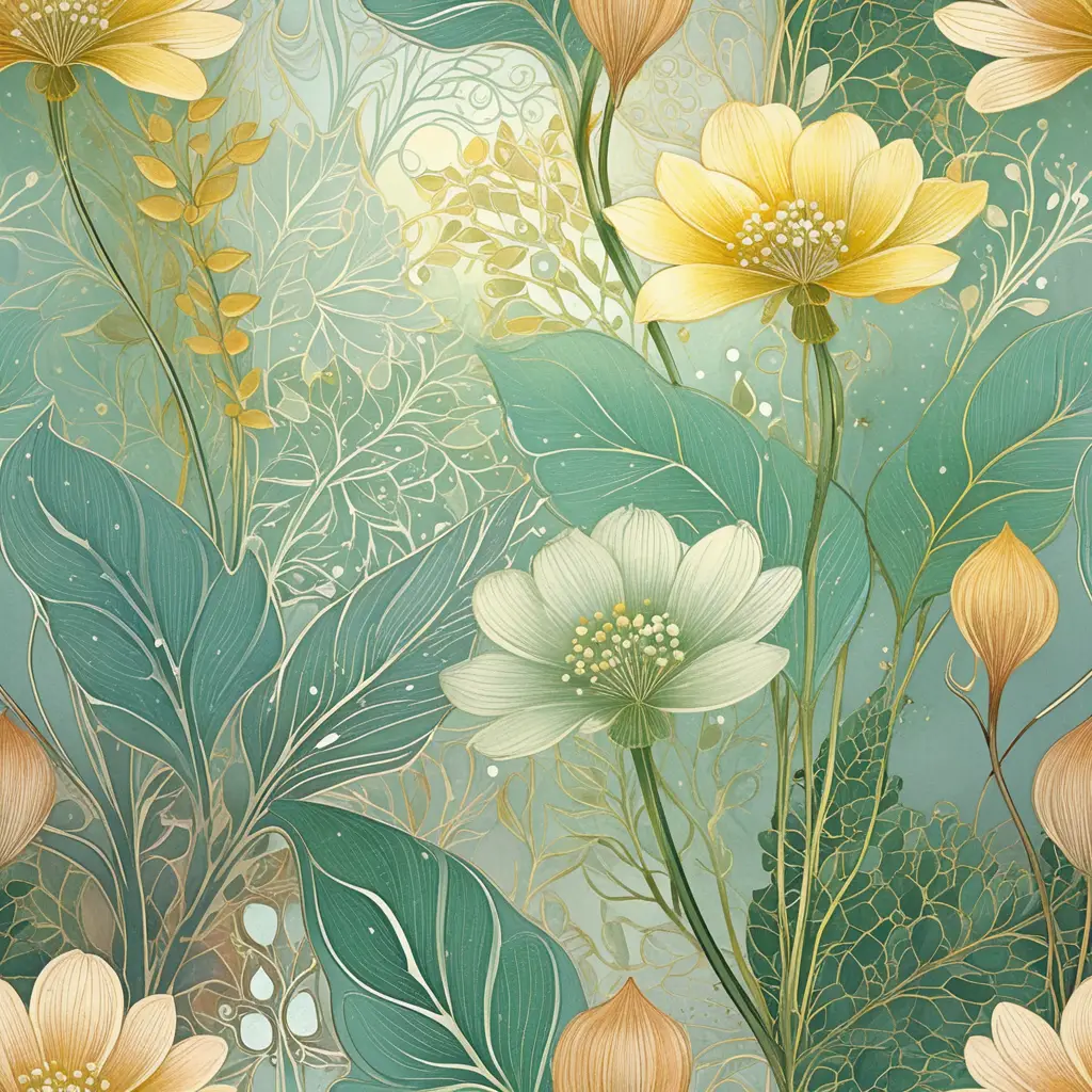 Zarte botanische Linienkunst im Frühling mit fließenden Blumenmustern