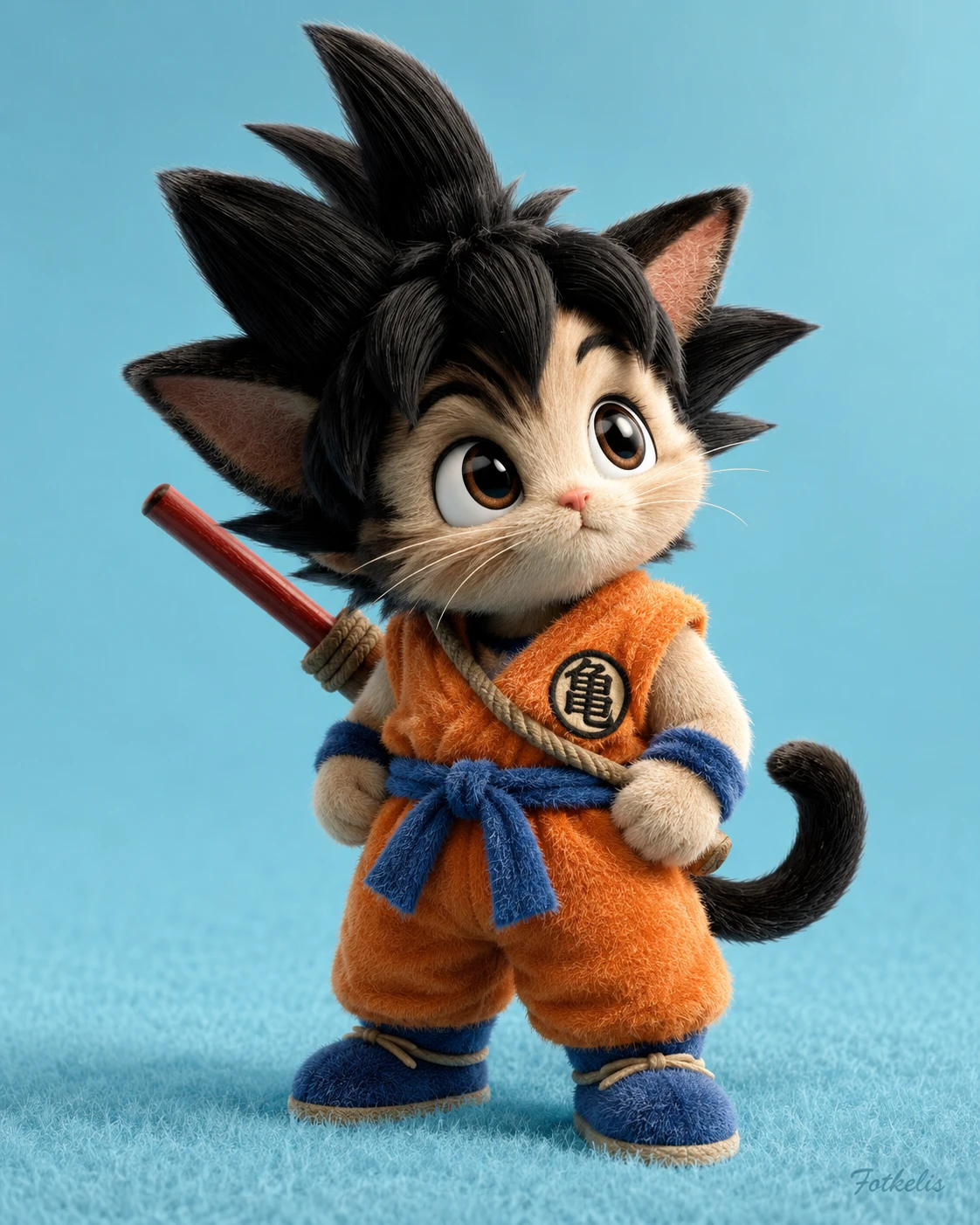 Guerreiro gato 3D fofo de quimono laranja com cajado de poder