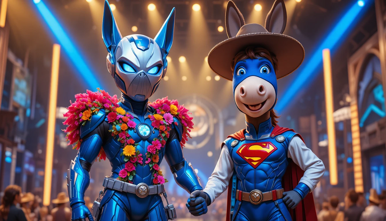 Super-herói azul com armadura em dramático contraluz dourado