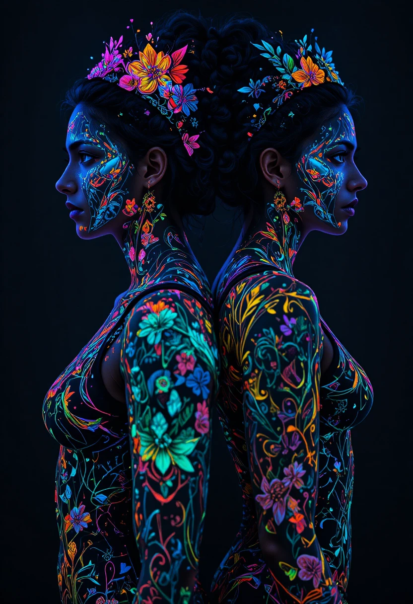 Casal latino com tatuagens futuristas brilhantes em vista contraluz