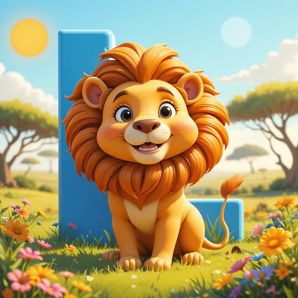 Leão 3D fofo com a letra L em cena ensolarada na savana
