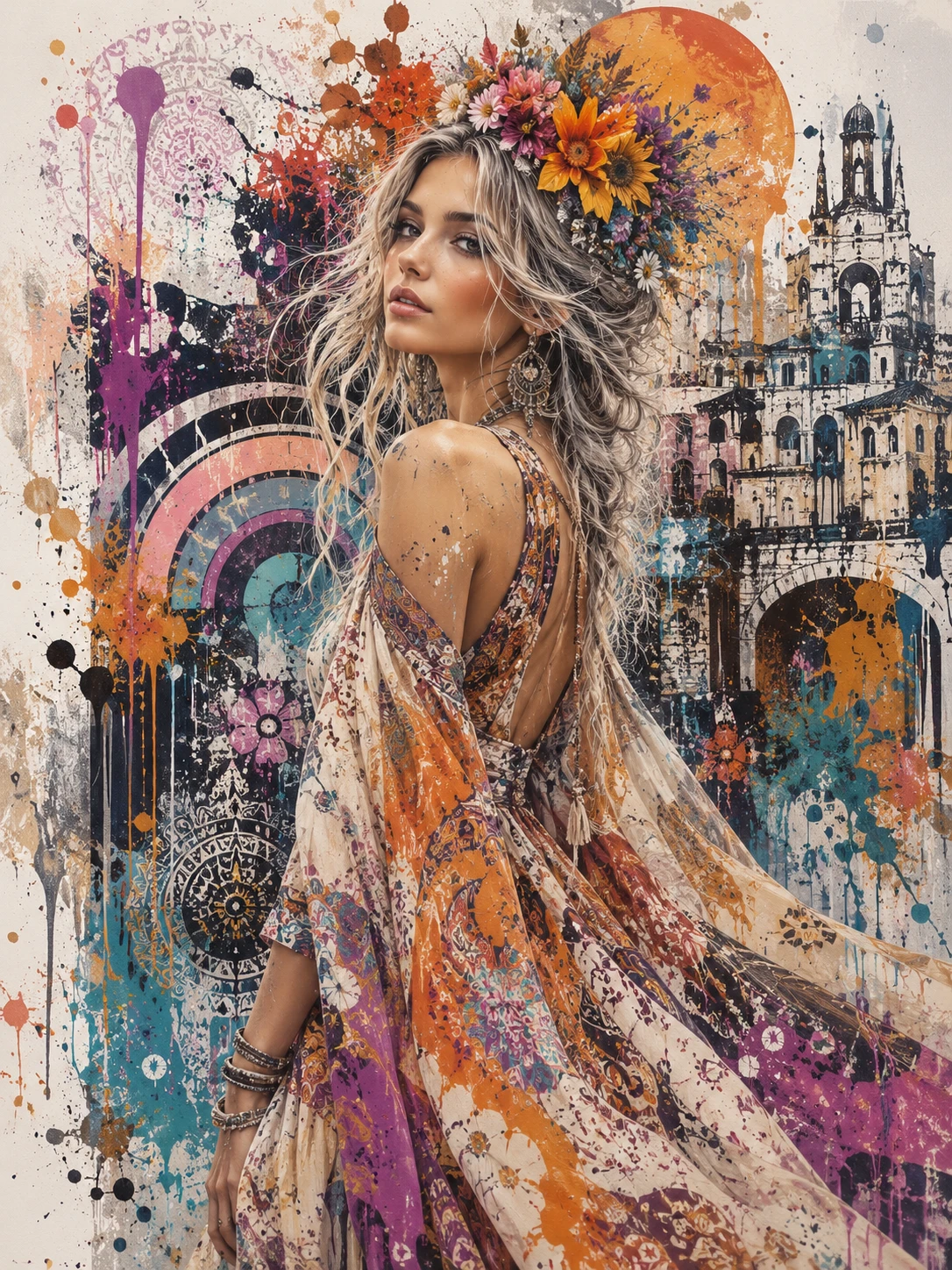 Mulher boho etérea com vestido esvoaçante em retrato urbano
