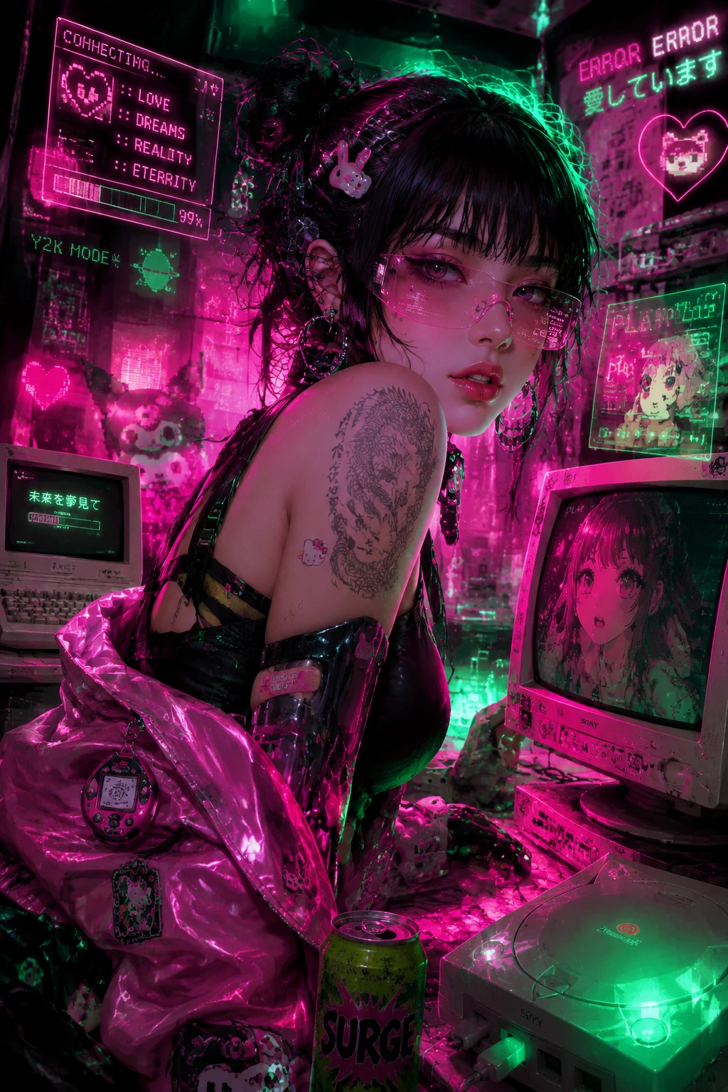 Cyber femme em neon em paisagem urbana retrofuturista surreal