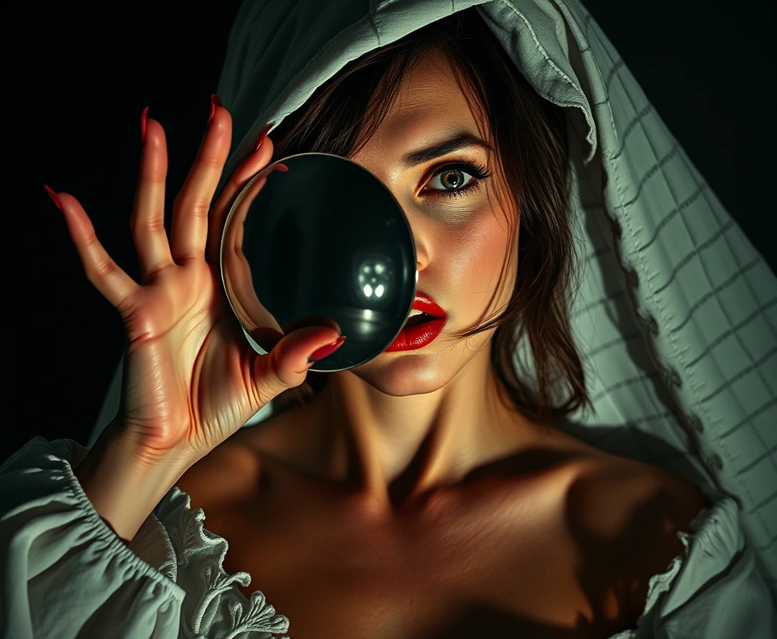 Mulher possuída refletida em uma tensa cena surreal em espelho cômico