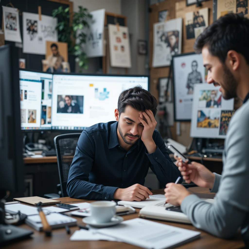 Gestresster Videoeditor am Laptop bei schwacher Bürobeleuchtung