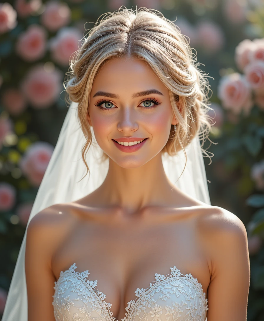 Mariée blonde souriante en robe de dentelle dans une roseraie