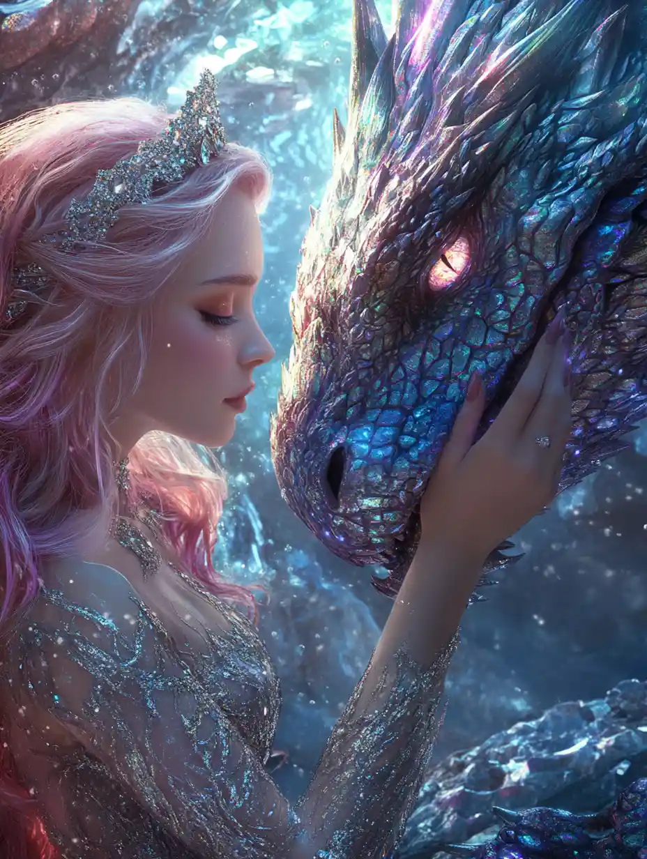 Girl in jeweled dress touching a rainbow dragon
