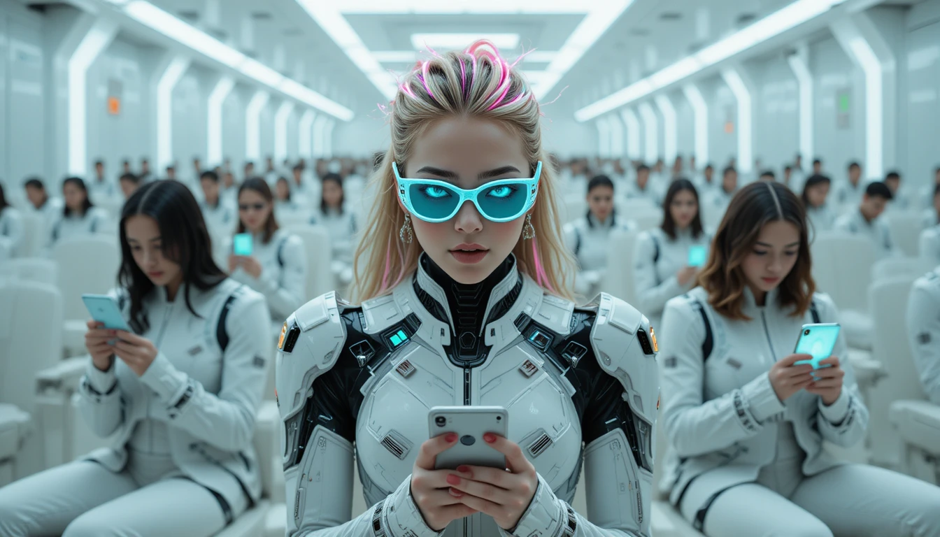 Mulher de moda cyberpunk posando contra fundo neutro de estúdio
