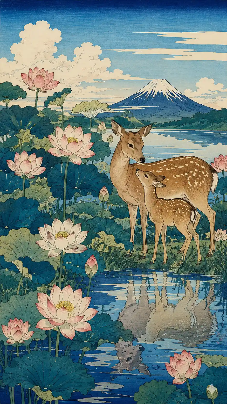 夏日蓮花池畔的鹿與小鹿靜謐畫作