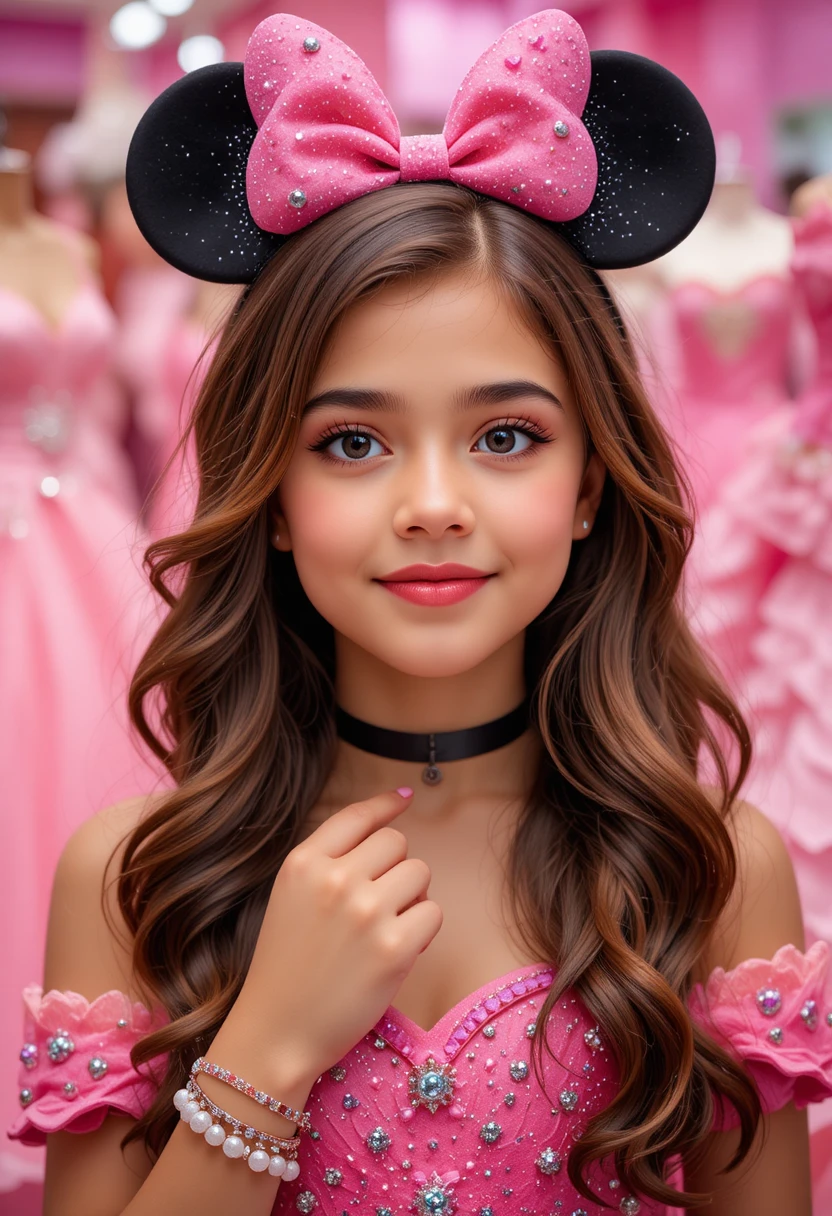 Jovem princesa com vestido rosa da Minnie em boutique