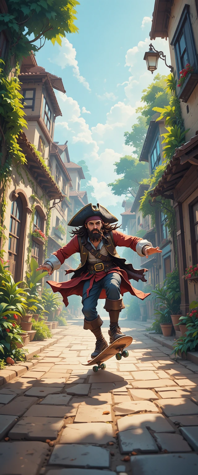 Pirate fonçant sur un skateboard dans une rue étroite de la ville