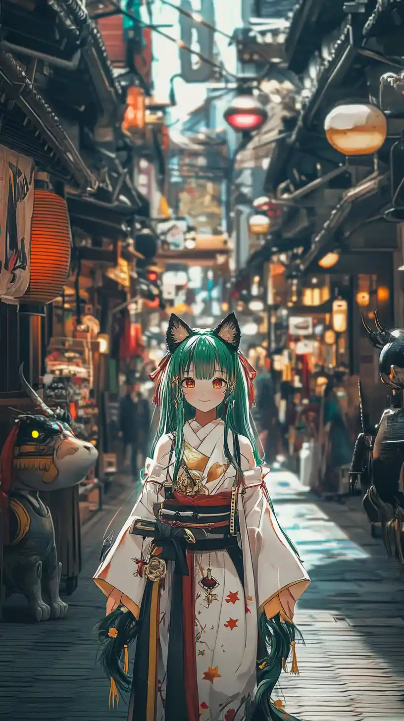 Chica de anime con katana frente a marionetas fantasmales en el mercado