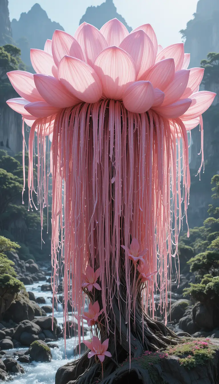Flor rosa fantástica ao lado de um riacho cristalino na montanha