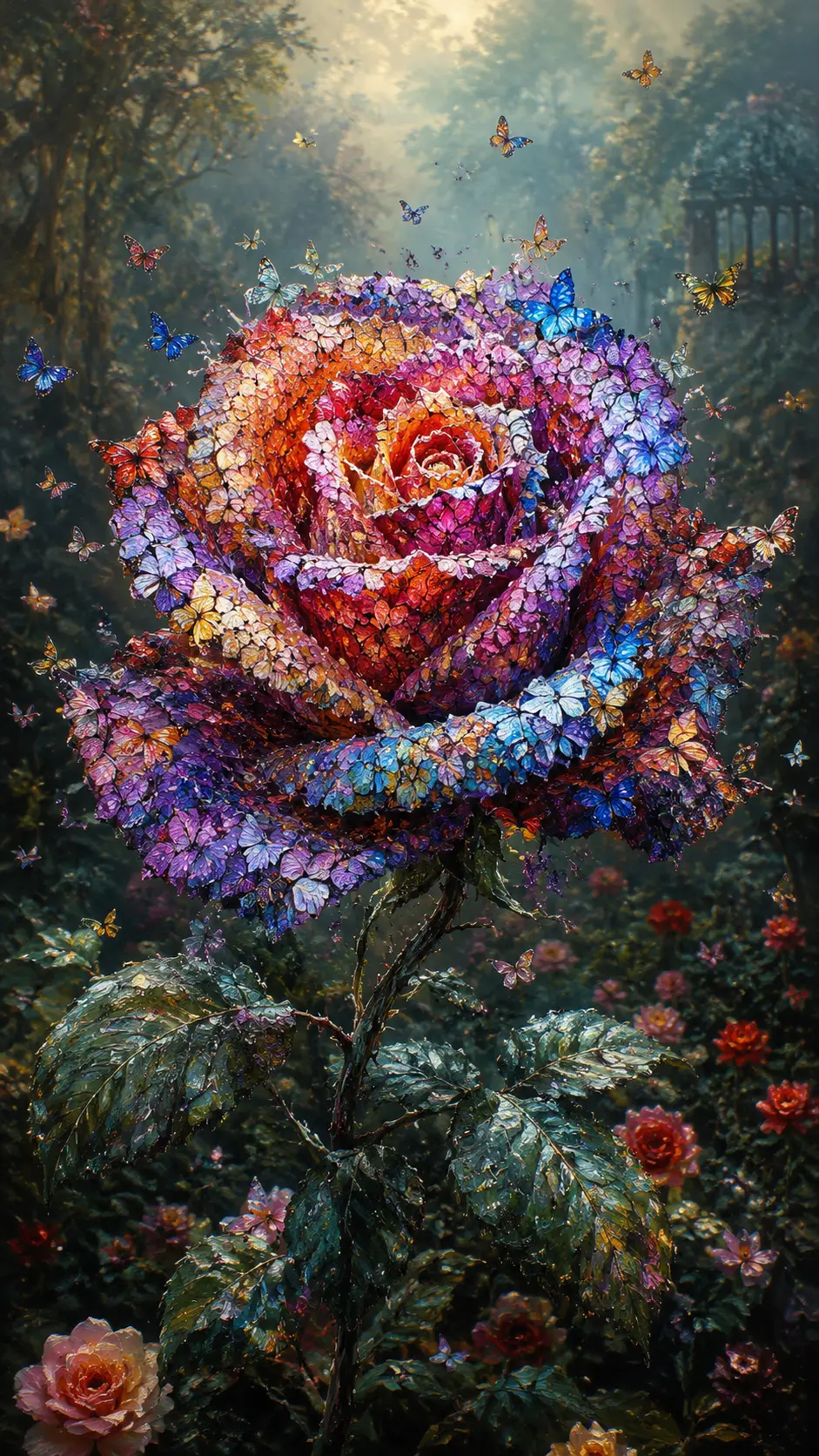 神秘花園中由虹彩蝴蝶構成的玫瑰