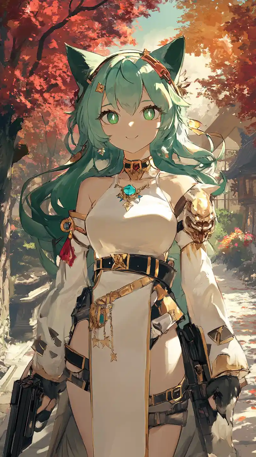 Fille d’anime aux traits de chat buvant un café dans un parc