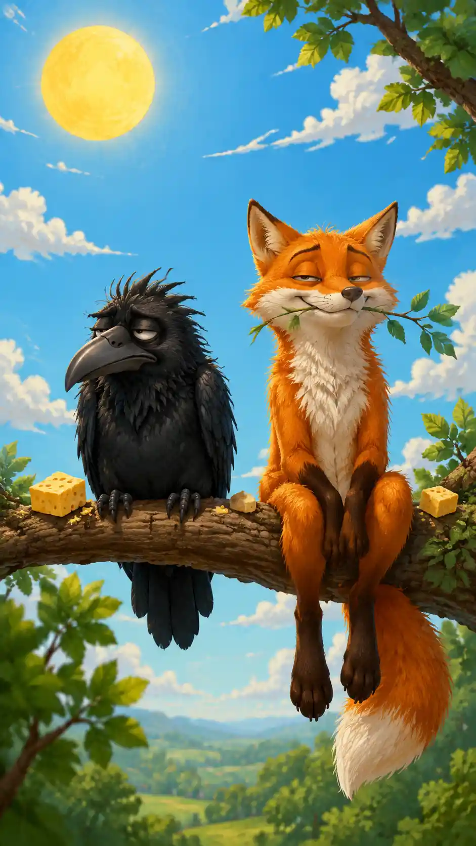 Clever fox and sleepy crow sharing a summer tree branch