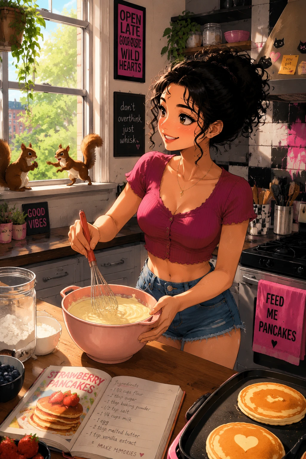 陽光廚房裡攪拌鬆餅麵糊的動漫少女