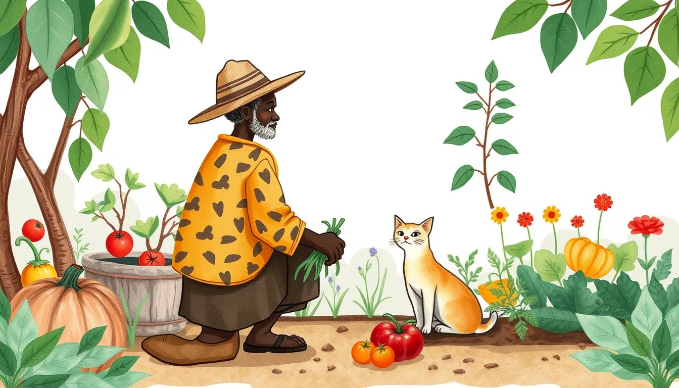 Idoso cuidando de uma horta na savana africana