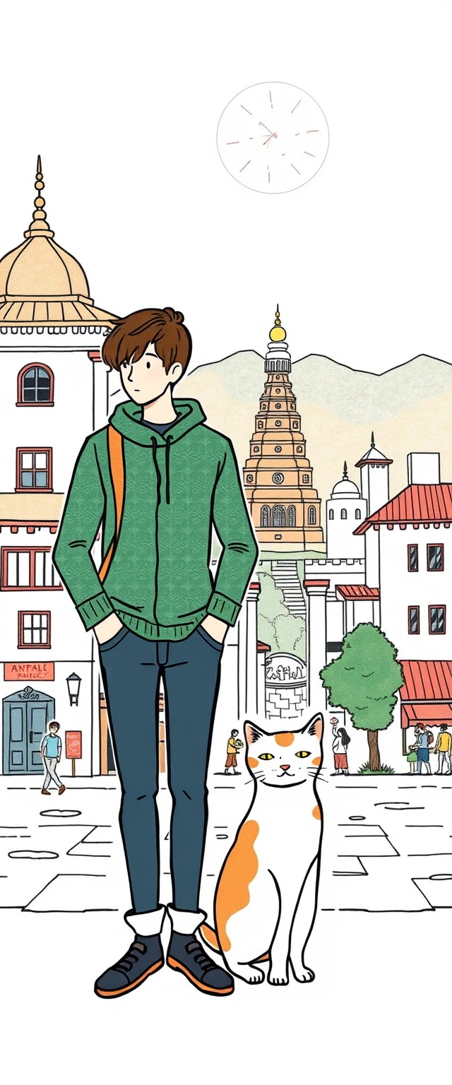 Ilustração desenhada à mão em estilo Kathmandu com gato em desenho animado