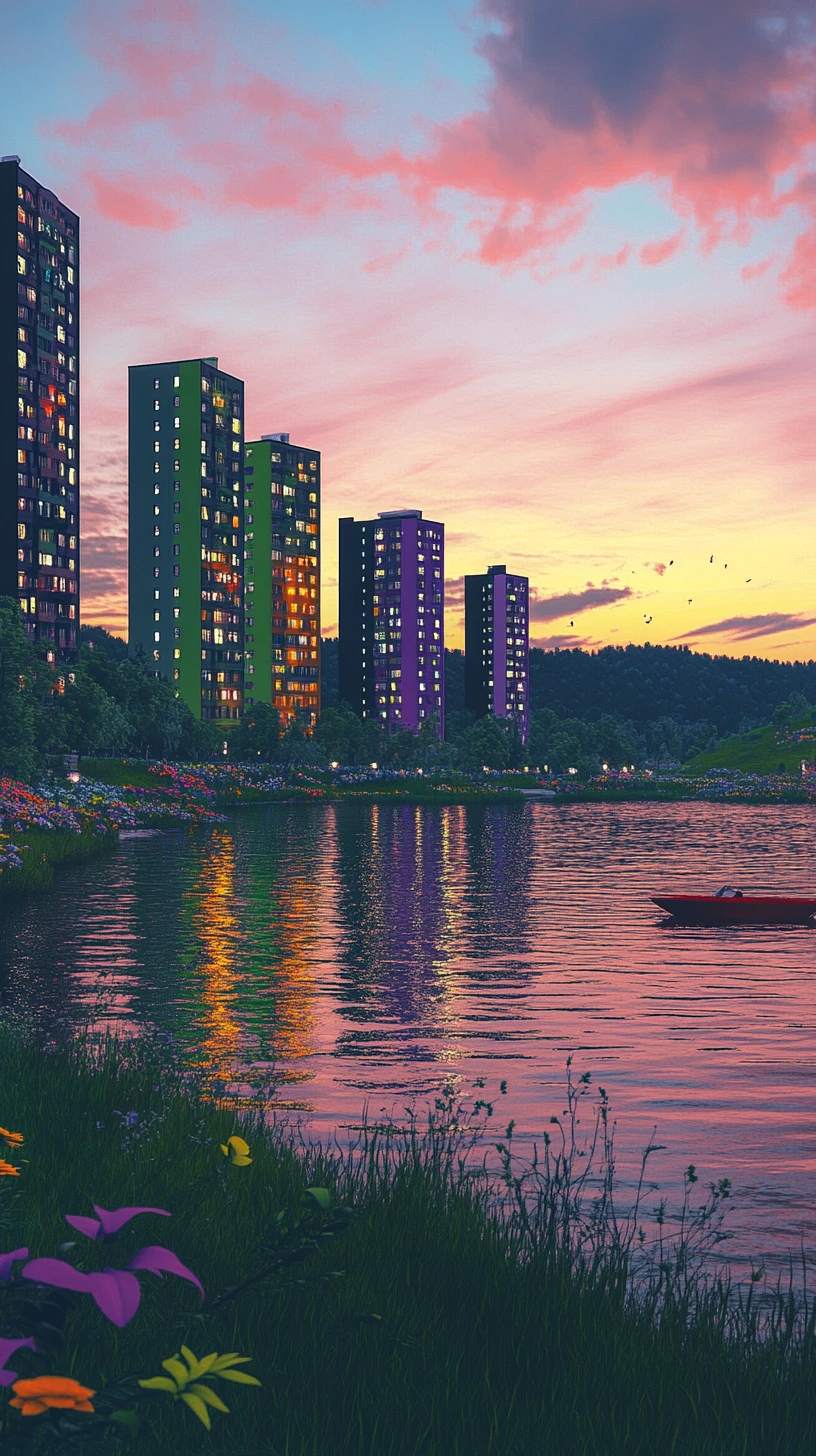 Bunte Fluss-Stadtsilhouette in der Dämmerung mit treibendem Boot